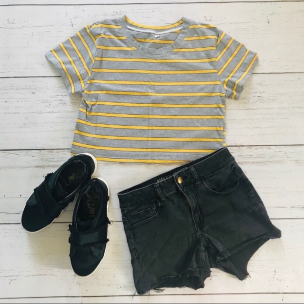 Grey and Yellow Striped Crop Top